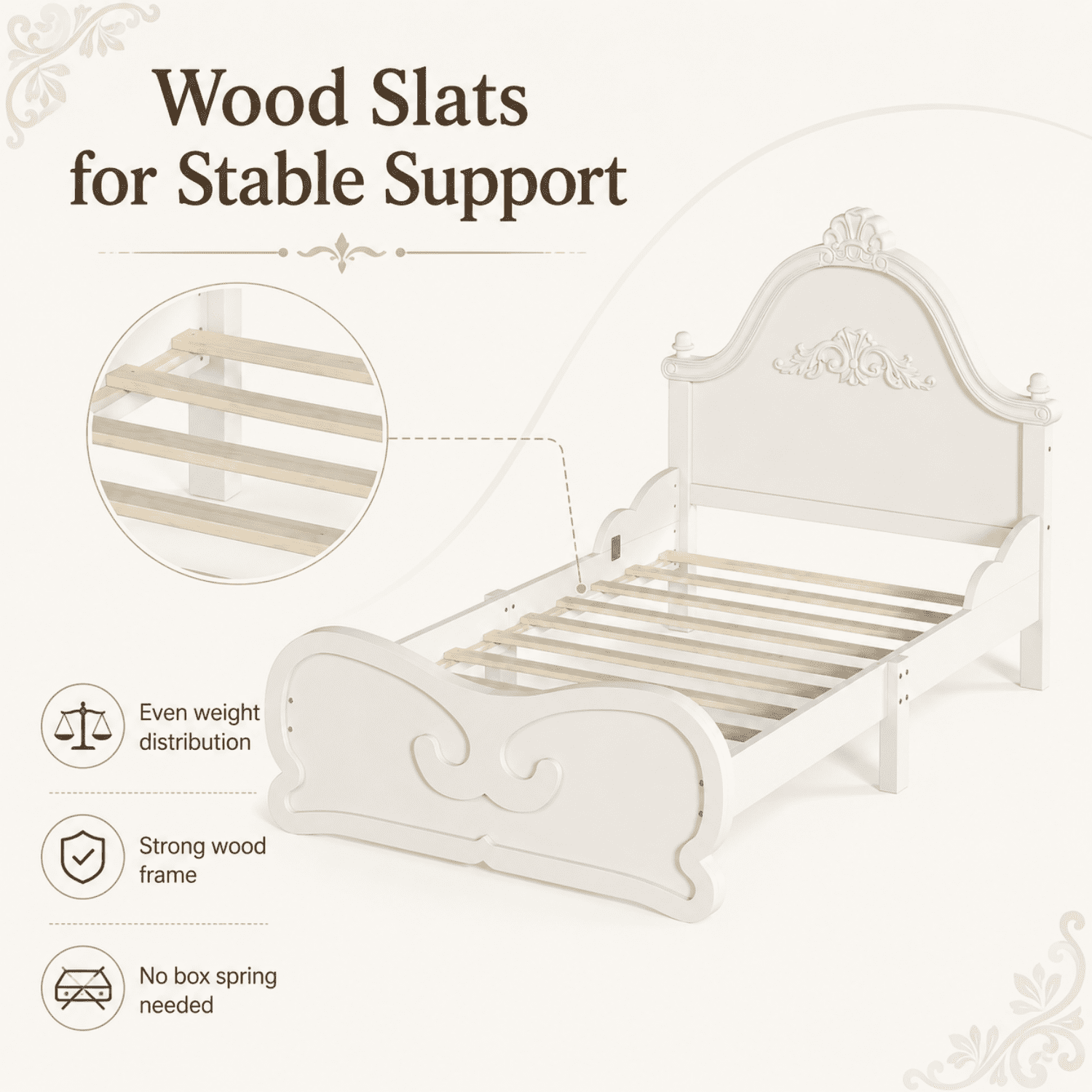 Miniyam Twin Size Kids Platform Bed Frame with Carved Headboard and Footboard, Wood Bed, White
