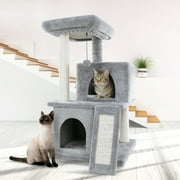 Road Cat Tree Luxury 34 Inches Cat Tower with Double Condos, Spacious Perch, Fully Wrapped Scratching Sisal Posts and Replaceable Dangling Balls (Gray)