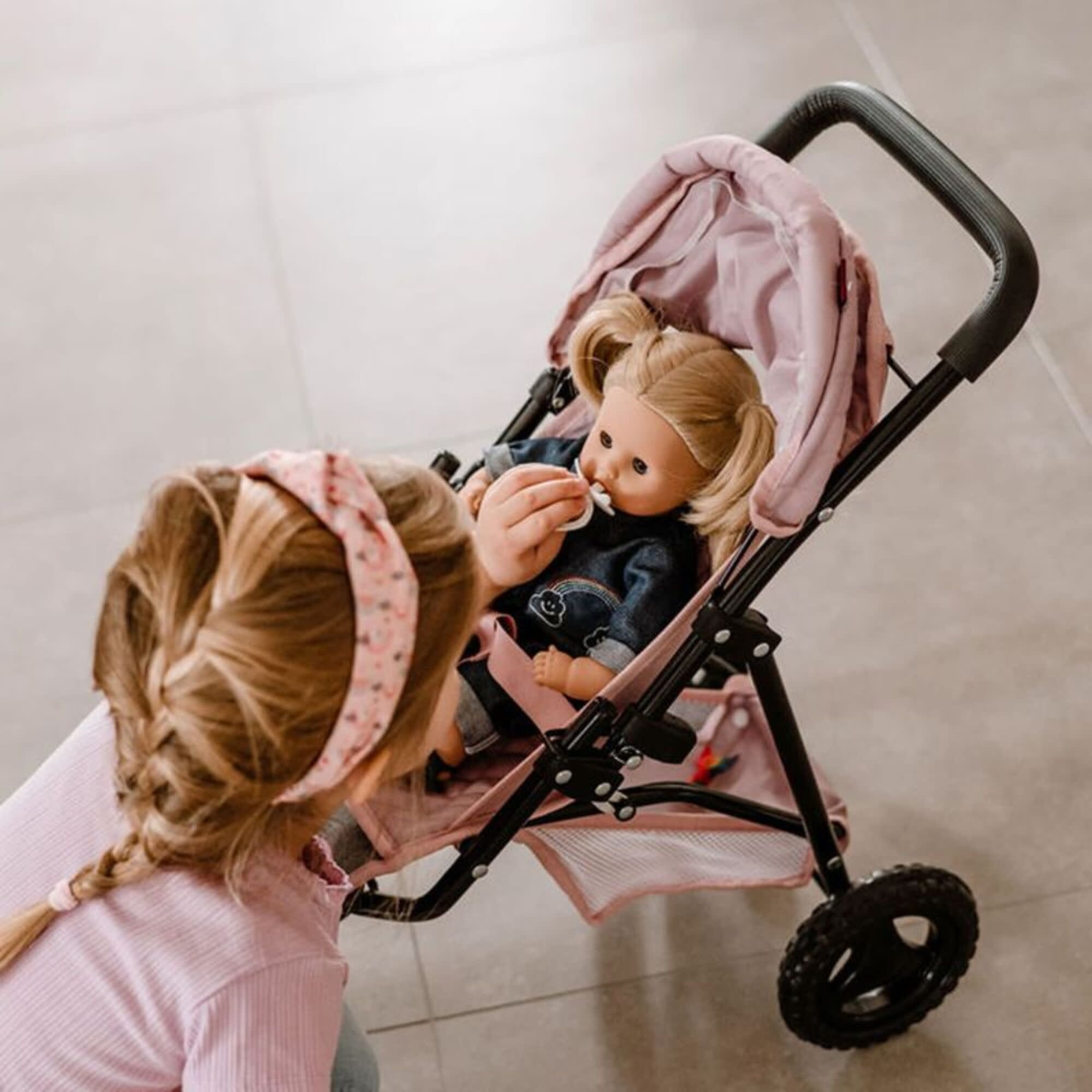 Gotz: 3‑Wheel Doll Buggy - Soft Mood - Pink Rose & Grey, Foldable Toy Stroller, Push Jogger, Adjustable Sunshade, Storage, Dolls Up to 19.5", Kids 3+