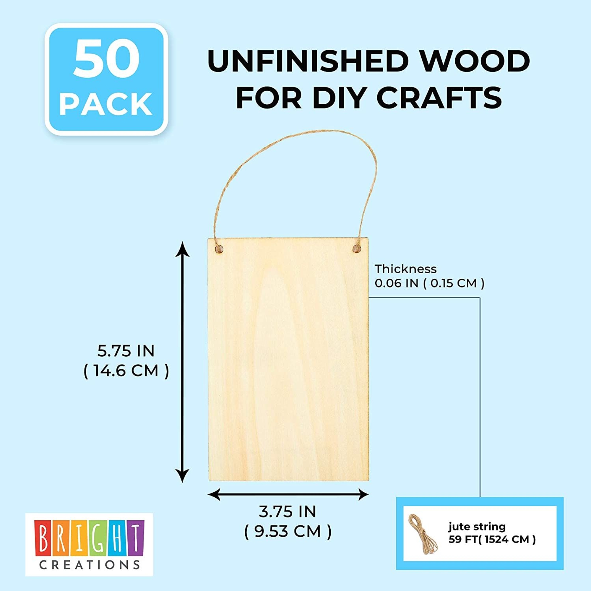 50 Pack Unfinished Wood Plaque Blanks with Jute String for Crafts, DIY Party Banners, Wooden Pennants (3.75 x 5.75 in)