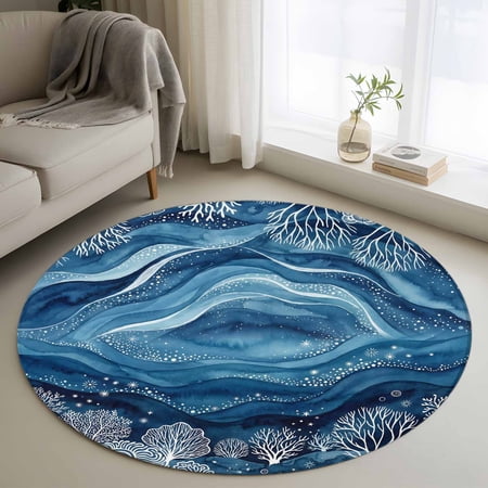 Summer Ocean Coral Round Area Rugs 3 ft Nautical Abstract Watercolor Blue Sea Waves Washable Small Area Rug with Non-Slip Sturdy Edge Binding Round Front Door Mat Floor Carpet for Entryway