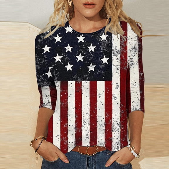 Vetsdori American Flag T Shirts for Women Summer Fourth of July Pullover 3/4 Sleeve Plus Size Casual,Graphic Red White and Blue Crew Neck Ladies Tops Independence Day