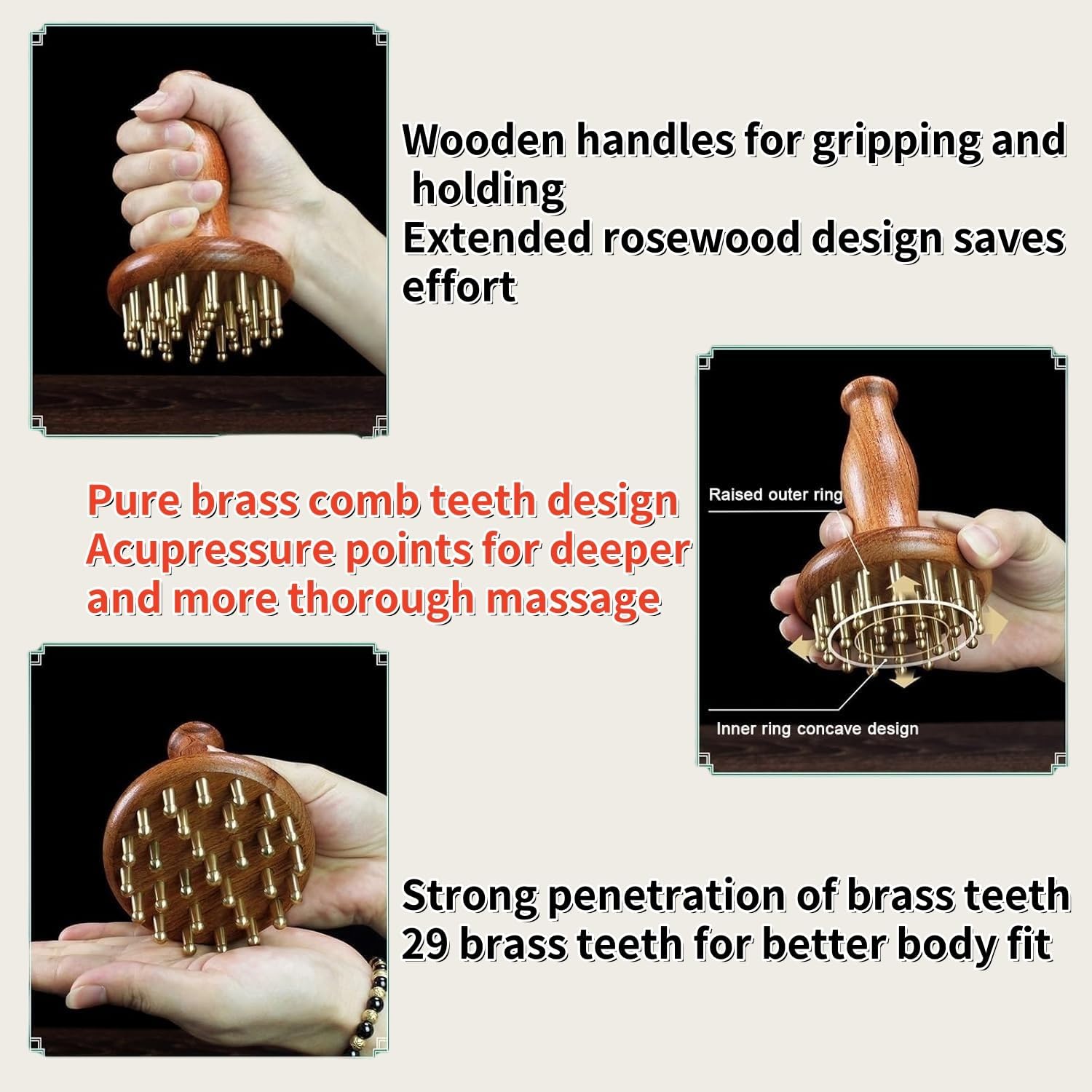 ABPETE Wood Therapy Massage Tools 29-Teeth Copper Head Massager, Home SPA Body Relaxing and Stress Relief Handheld Massager, for Legs, Arms, Neck, Shoulder