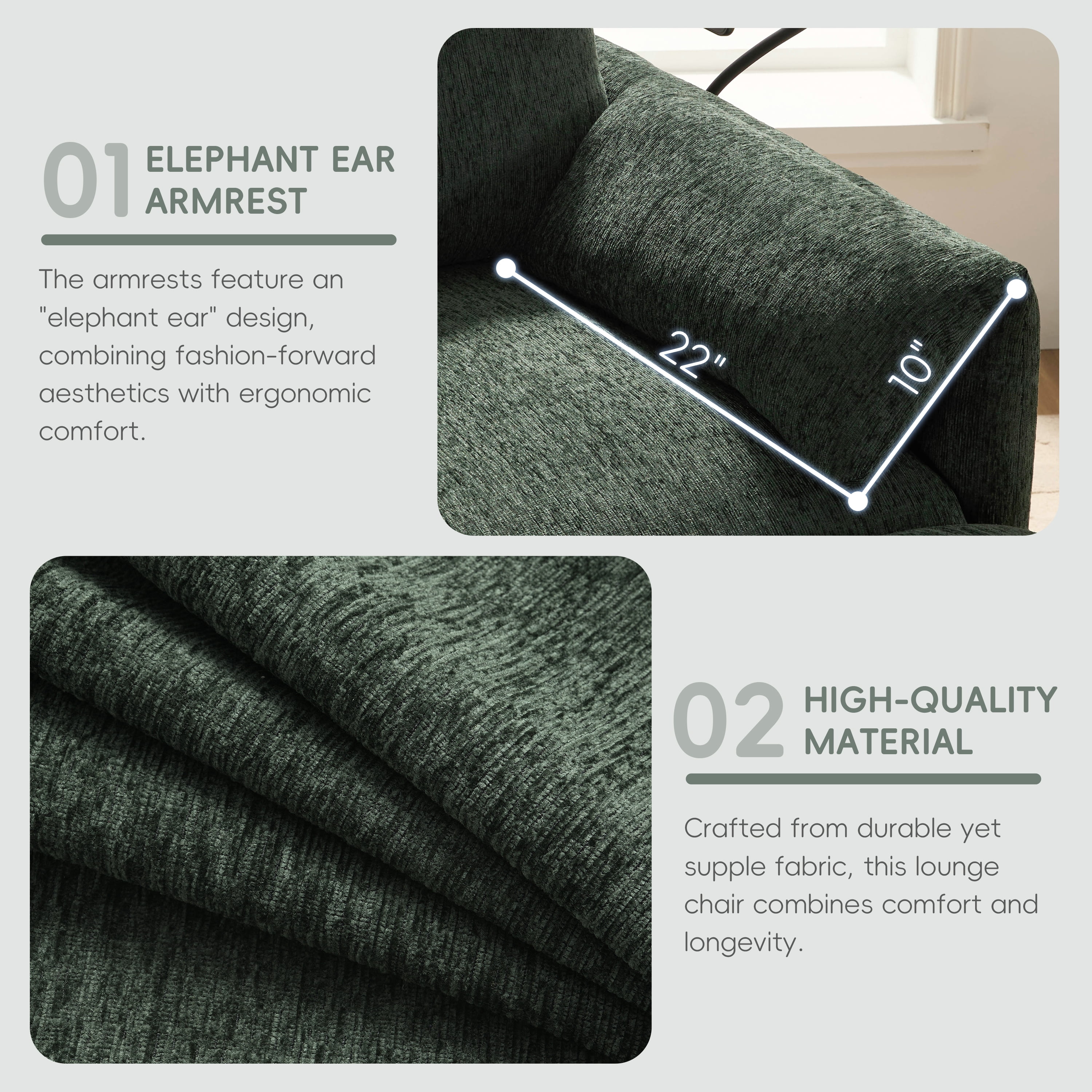 Accent Chair, Single Sofa, Chaise Lounge with Oversized Storage Ottoman and Adjustable Phone Holder, Chenille Armchair with Pillow Armrests and Side Pockets, for Living Room, Green