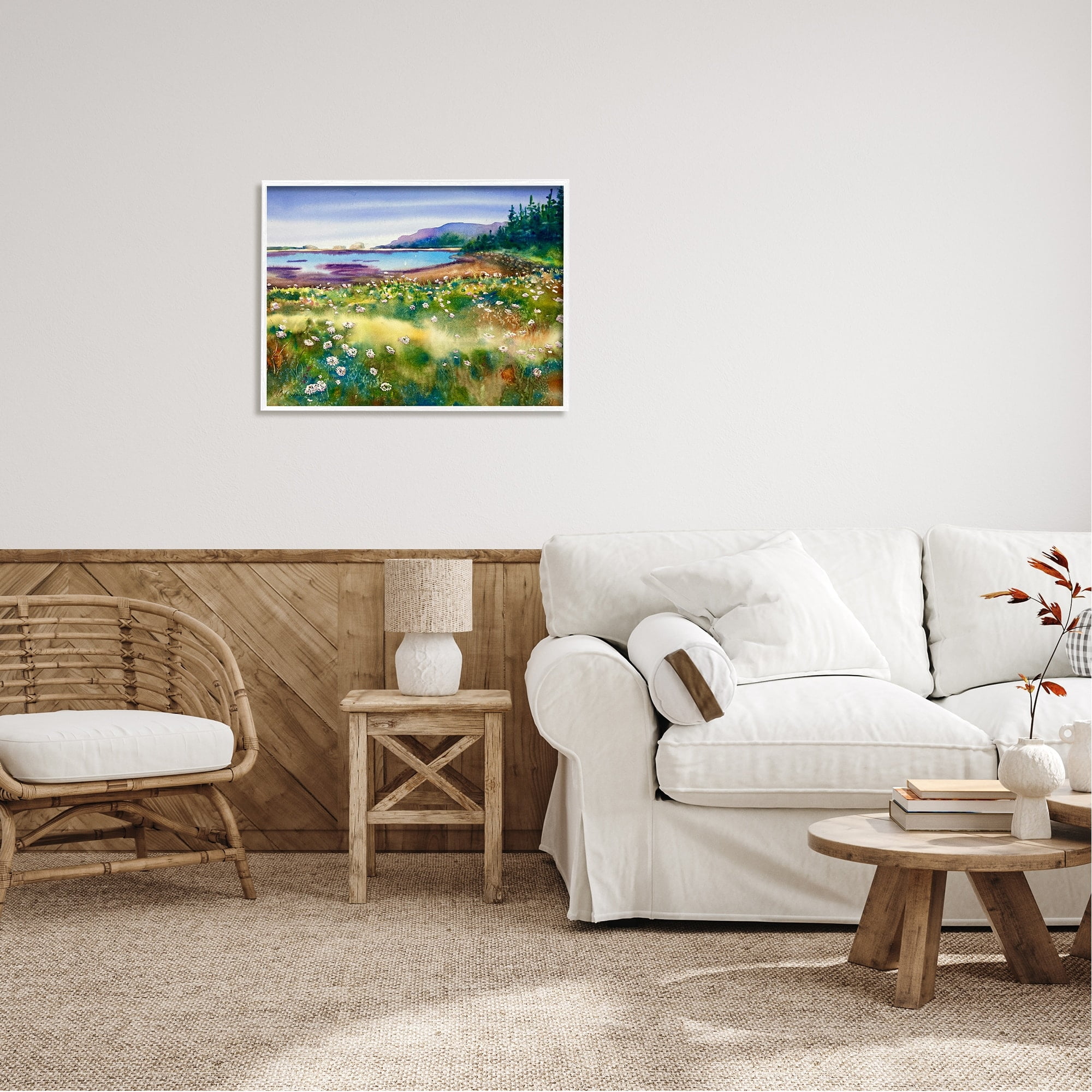 Stupell Industries Soothing Pond View Flower Field Distant Mountains Paintings White Framed Art Print Wall Art, 30x24, by MB Cunningham