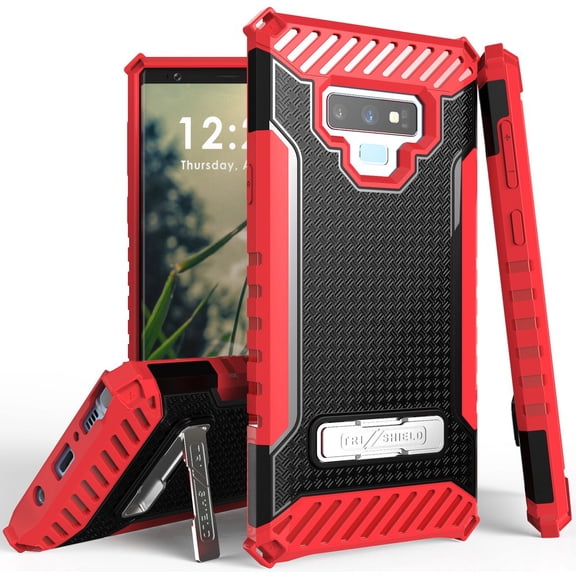 Case for Galaxy Note 9, Red Tri-Shield Rugged Cover [with Metal Kickstand   Wrist Strap Lanyard] for Samsung Galaxy Note 9 (SM-N960)