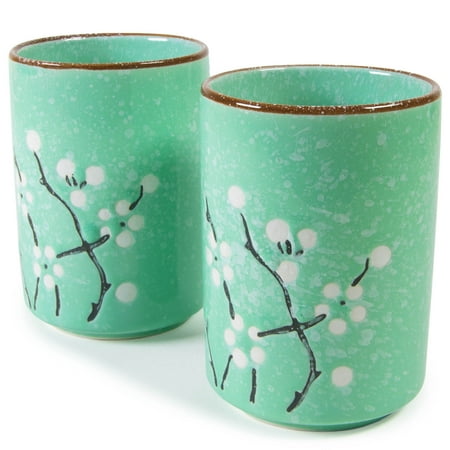 Japanese Teacup Set - CoreLife Japanese Tea Cups, Set of 2, Large 10 oz. Ceramic Japanese Tea Cup Set with Floral Decorative Design (Teal Sakura Flower)
