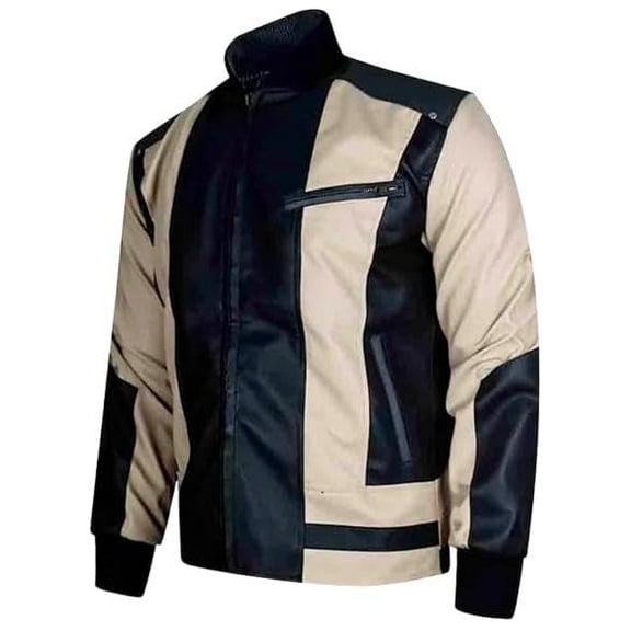 HIDE CRAFTS Men's Leather Bomber Jacket, Two-Tone Black and Beige, Zip Front with Stand Collar (US, Alpha, Large, Regular, Regular, Black and Beige)