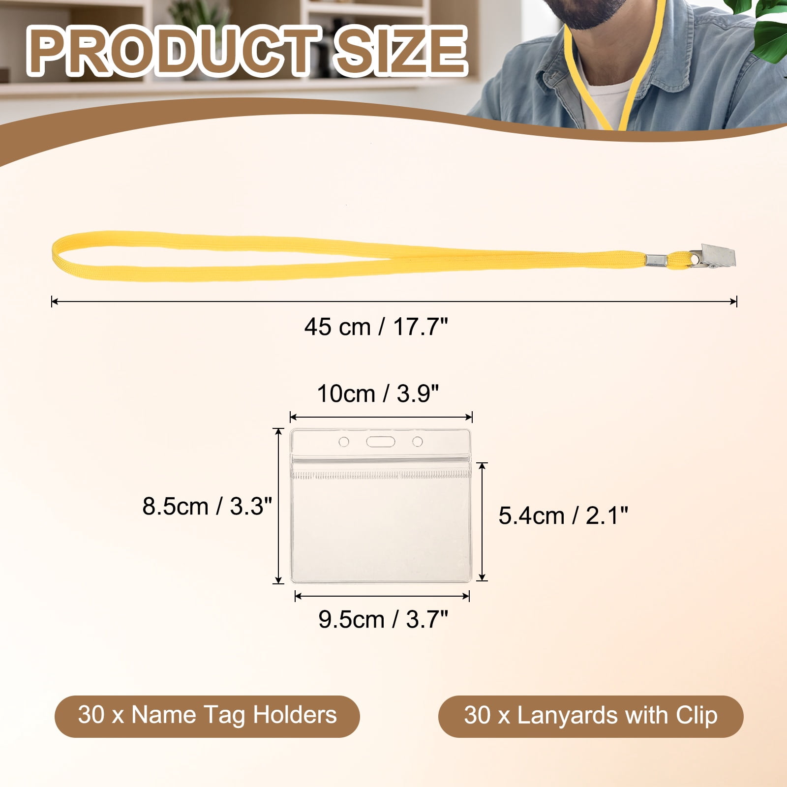 Uxcell 30 Set Name Tag Holders with Lanyard, Plastic Waterproof Horizontal Badge Holder with Alligator Clip Lanyards for ID Badges Office Teacher Events Meetings, Yellow(4x2 Inch)