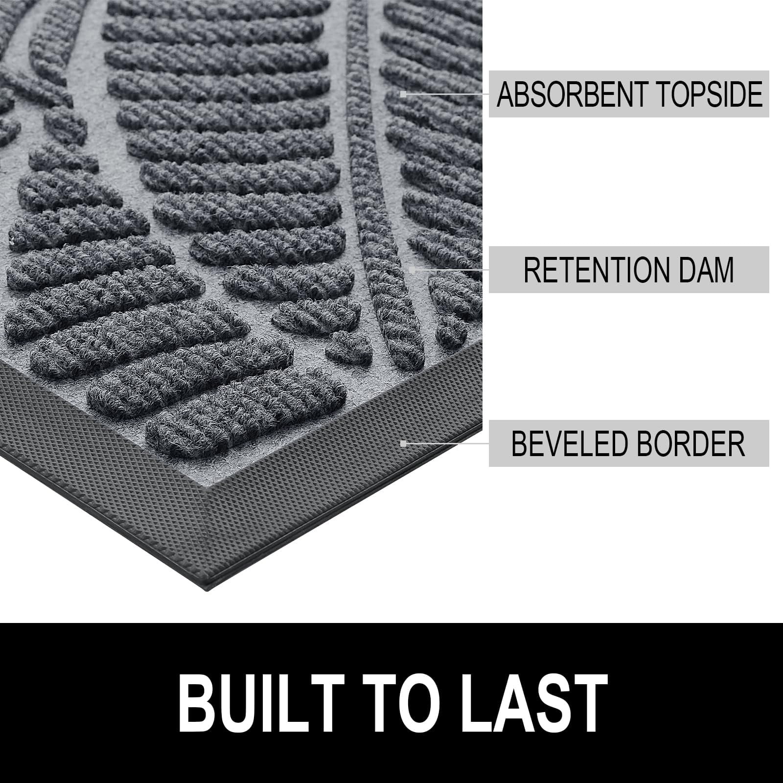 Buganda Waterproof Doormat, Non Slip Absorbent Rubber Door Mat for Outdoor and Indoor, Low Profile Dirt Trapper Front Door Rug, 30"x17",Grey