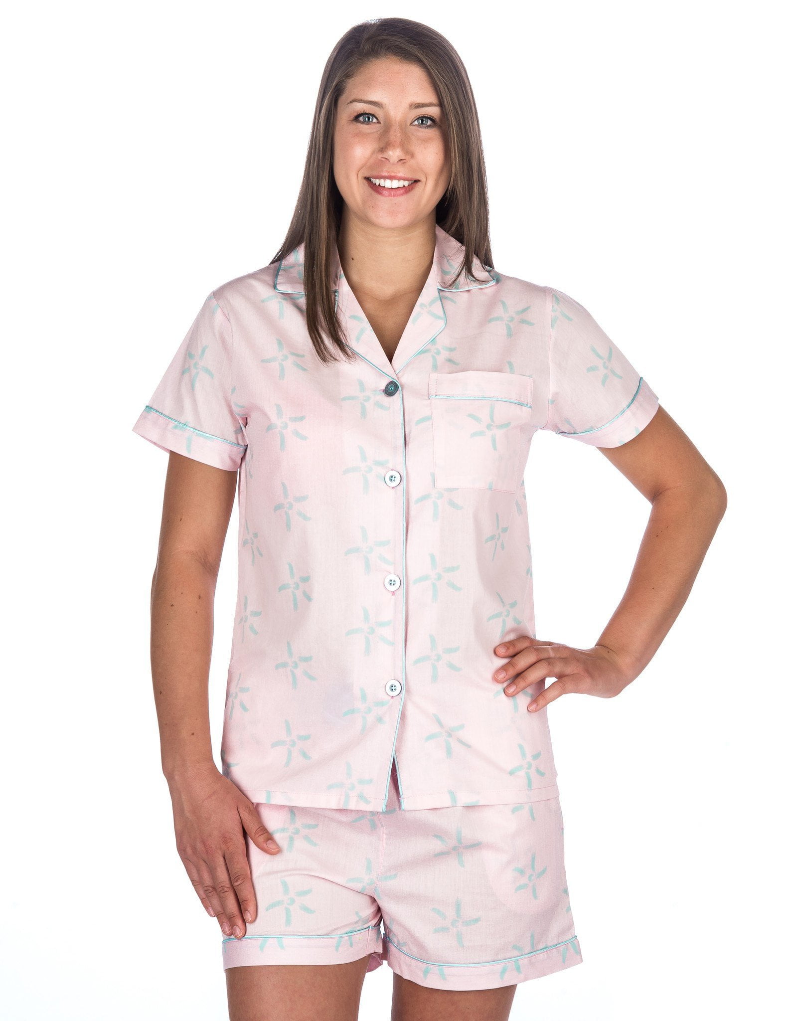 Womens 100% Cotton Poplin Short Pajama Set - Starlight Pink/Aqua - S - Walmart.com