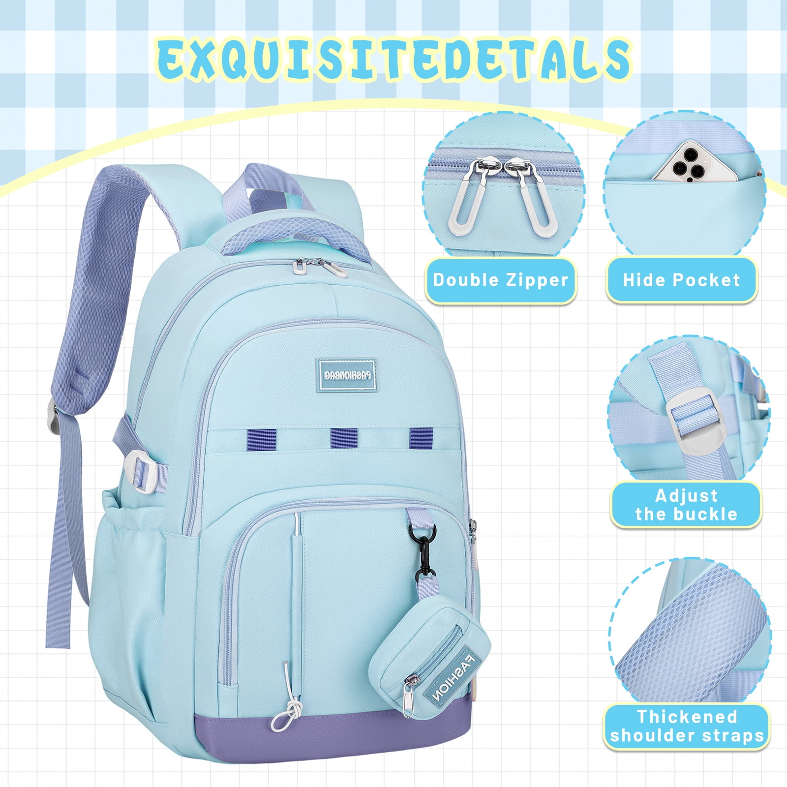 DAKIMOE School Backpack for College High Middle School Fashion Student Bag Cute Aesthetic Teen Bookbag for Teens Women Kids Girls Blue