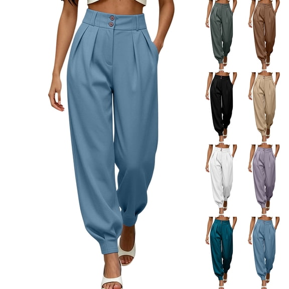 Women's High Waist Pleated Suit Jogger Pants Tapered Ankle Cuff Dress Trousers Loose Fit Business Casual Work Pants with Pockets White