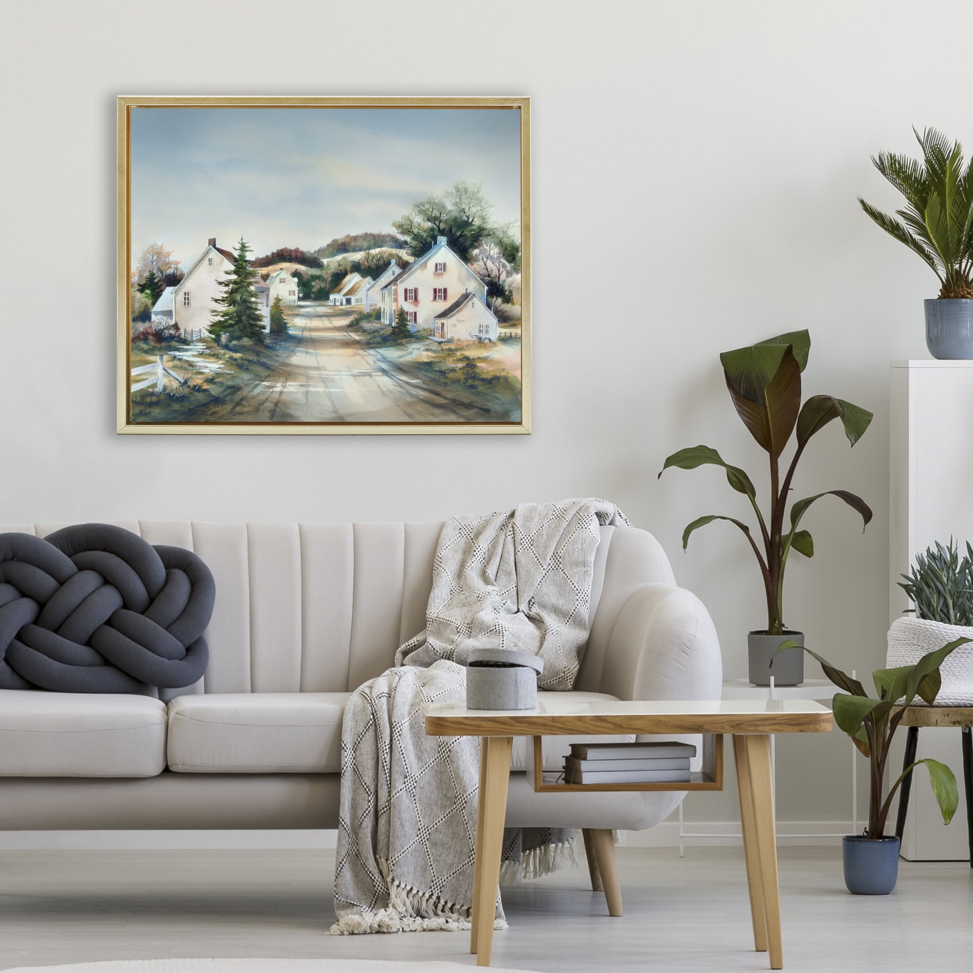 Stupell Industries Tranquil Village Road & Houses Gold Framed Floater Canvas Wall Art, design by Owen Wexler
