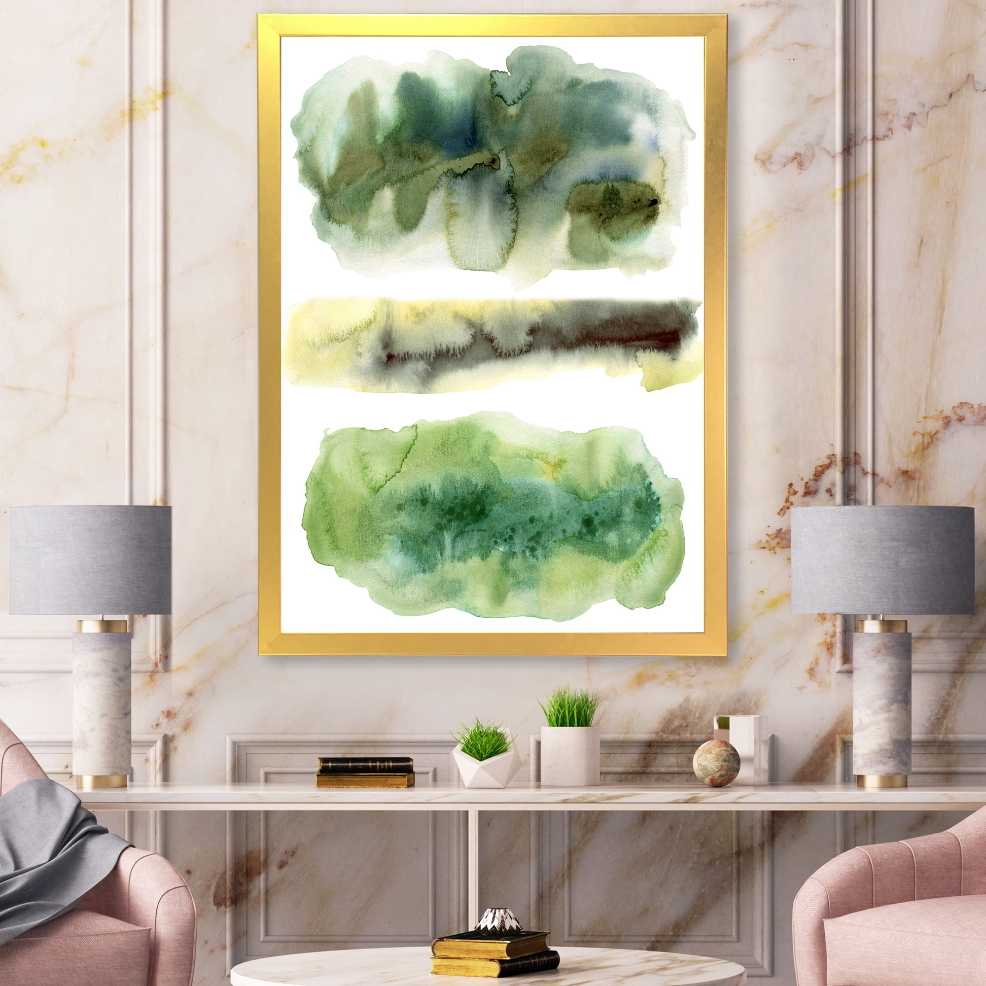 Designart 'Golden Green Abstract Clouds III' Modern Framed Art Print