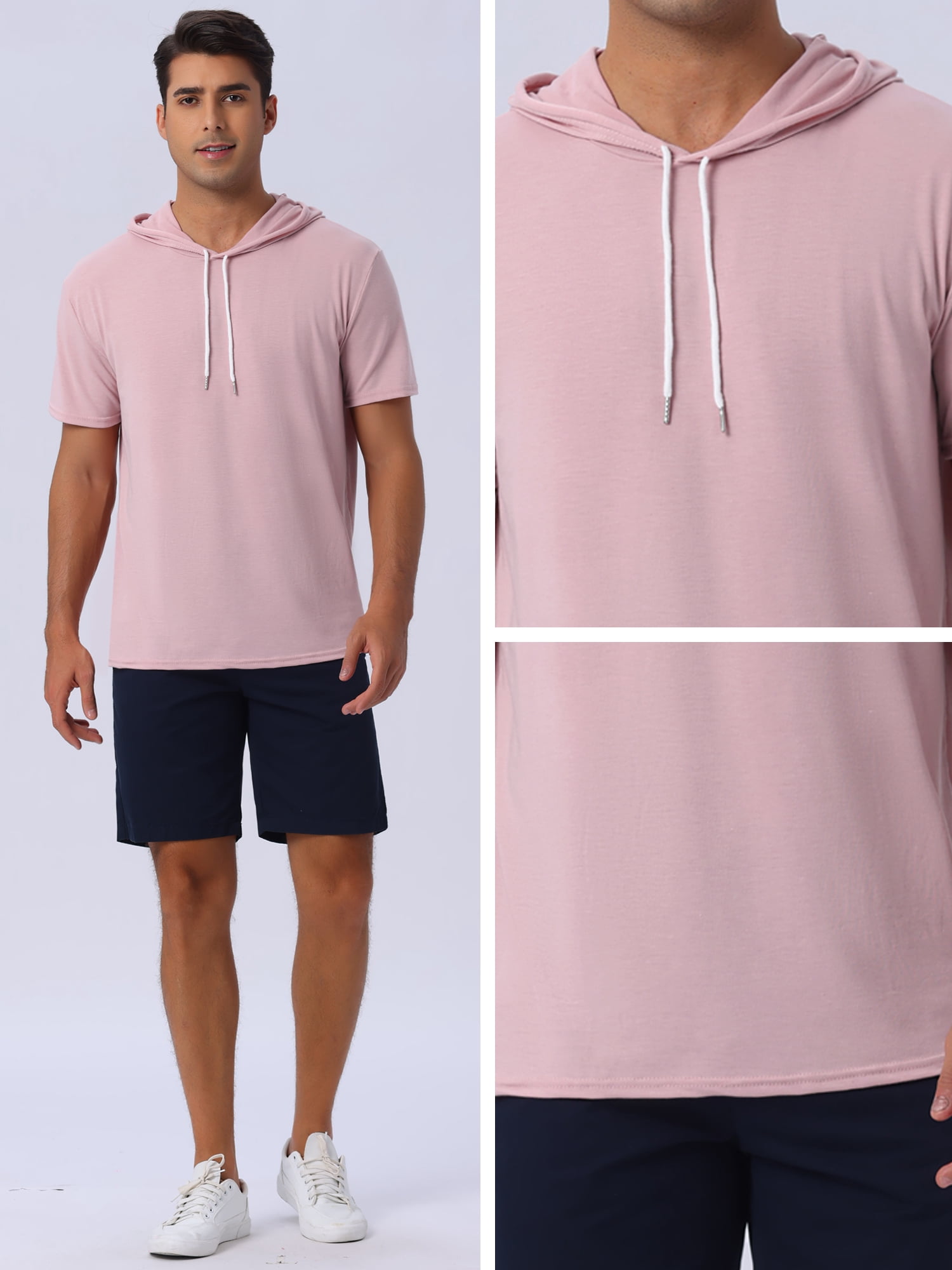 DARING DIVA Men's Casual Short Sleeve Pullover Drawstring Hooded T-Shirt L Pink