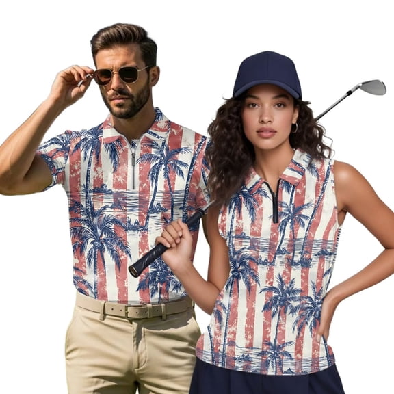 HUIACONG USA Flag Matching Golf Shirts for Couples Palm Tree Mens Short Sleeve Golf Shirt Sleeveless Golf Tops for Women Collared 1/4 Zip Couples 4th of July Shirts Man L
