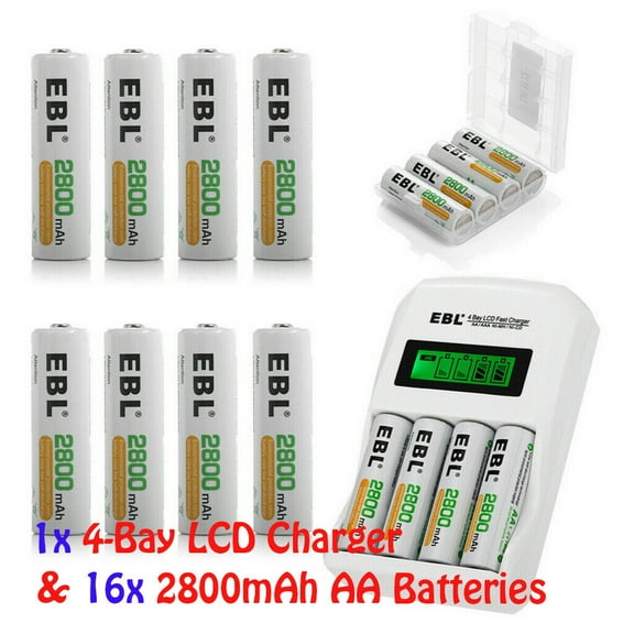 EBL Rechargeable AA Batteries with LCD Battery Charger, 16 Pack of 2800mAh High Capacity Ni-MH AA Rechargeable Battery and Smart Independent Solt Battery Charger