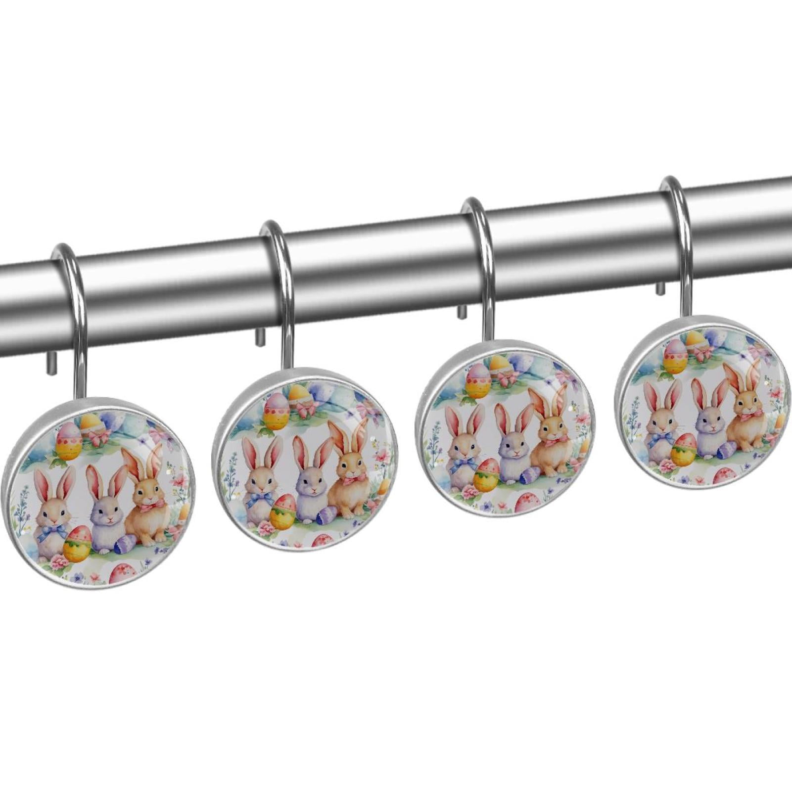 Cute Rabbits Easter Eggs Shower Curtain Hooks Round Crystal Glass, Set of 12 Shower Curtain Rings - Shower Hooks for Curtain Shower Rings
