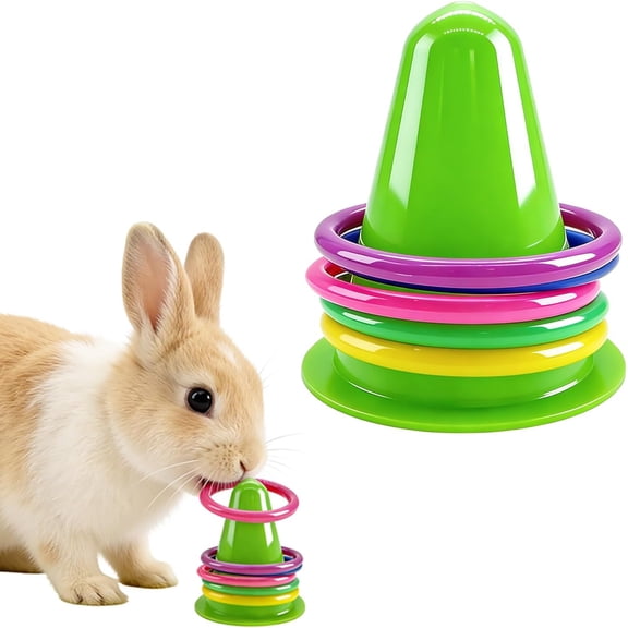 ABCISI Rabbit Training Ring Toy, Puzzle Toy for Bunnies, Stacking Cups for Rabbits with 5 Random Color Rings for Small Animals Playing Indoor Outdoor
