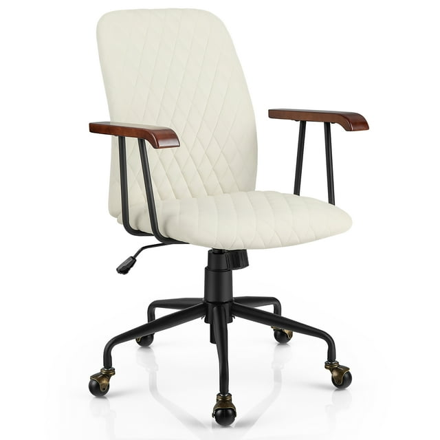 Gymax Velvet Home Office Chair Swivel Adjustable Task Chair w/ Wooden Armrest Beige