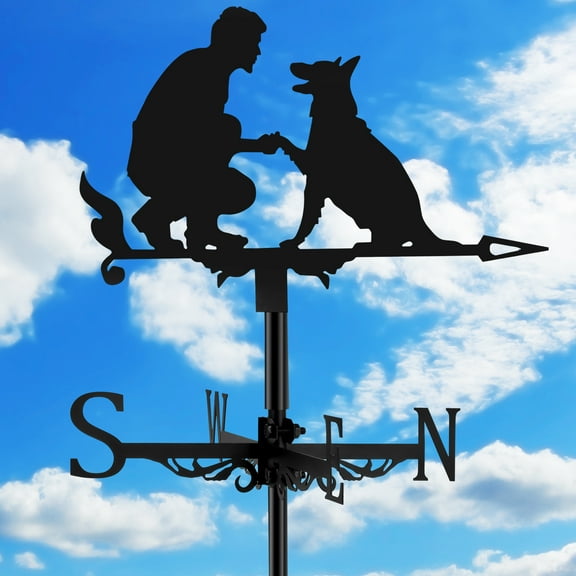 Summerkimy Weather Vane Heavy-Duty Metal Dog Wind Direction Decorative Dog and Man Weathervanes Creative Black Dog Ornament for Outdoor Patio Garden Porch Roof Decoration