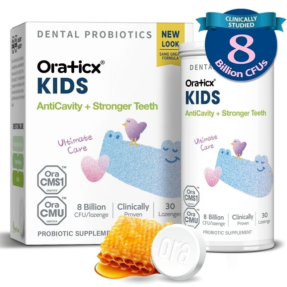 OraTicx Kids Dental Probiotics for Anti-Cavity   Healthy Teeth and Gums, 8 Billion CFU Probiotics for Oral Health, Sugar Free Yogurt Flavor 30-Lozenge