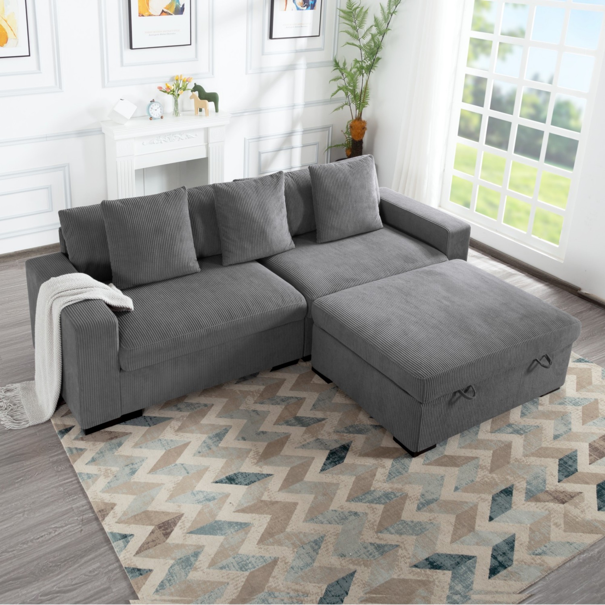Gewnee 103.5-Inch Modular Corduroy Sofa Set with Solid Wood Legs, High-Density Foam, Suitable for Living Room/Bedroom/Office