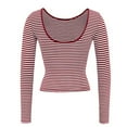 thumbnail image 5 of Seductiva Women's Long Sleeve Shirts Basic Tee Women Summer Short/Long Sleeve Tops Backless Striped Shirts Going Out T Shirt Y2K Crop Blouse Boat Neck Outfit Casual Workout Y2K Clothes Basic Tees, 5 of 8