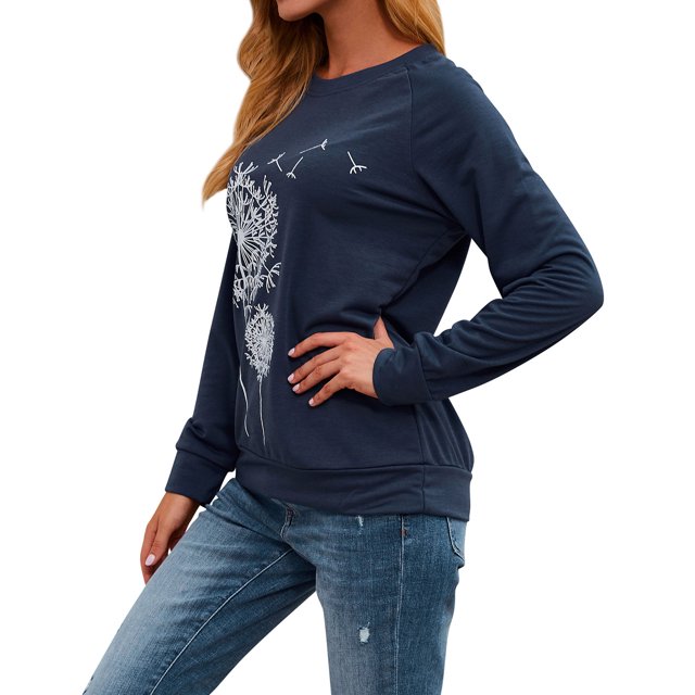ZXZY Women Dandelion Graphic Print Round Neck Long Sleeve Pullover