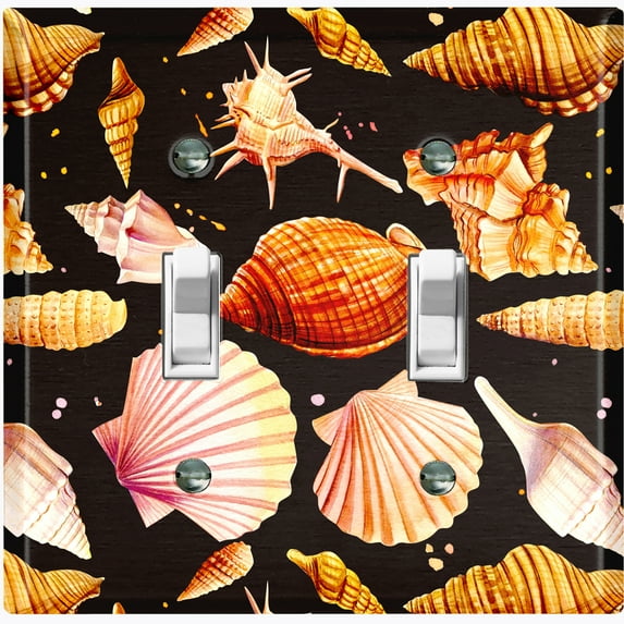 Metal Light Switch Wall Plate Outlet Cover (Colorful Sea Shells Pattern Black - Double Toggle)