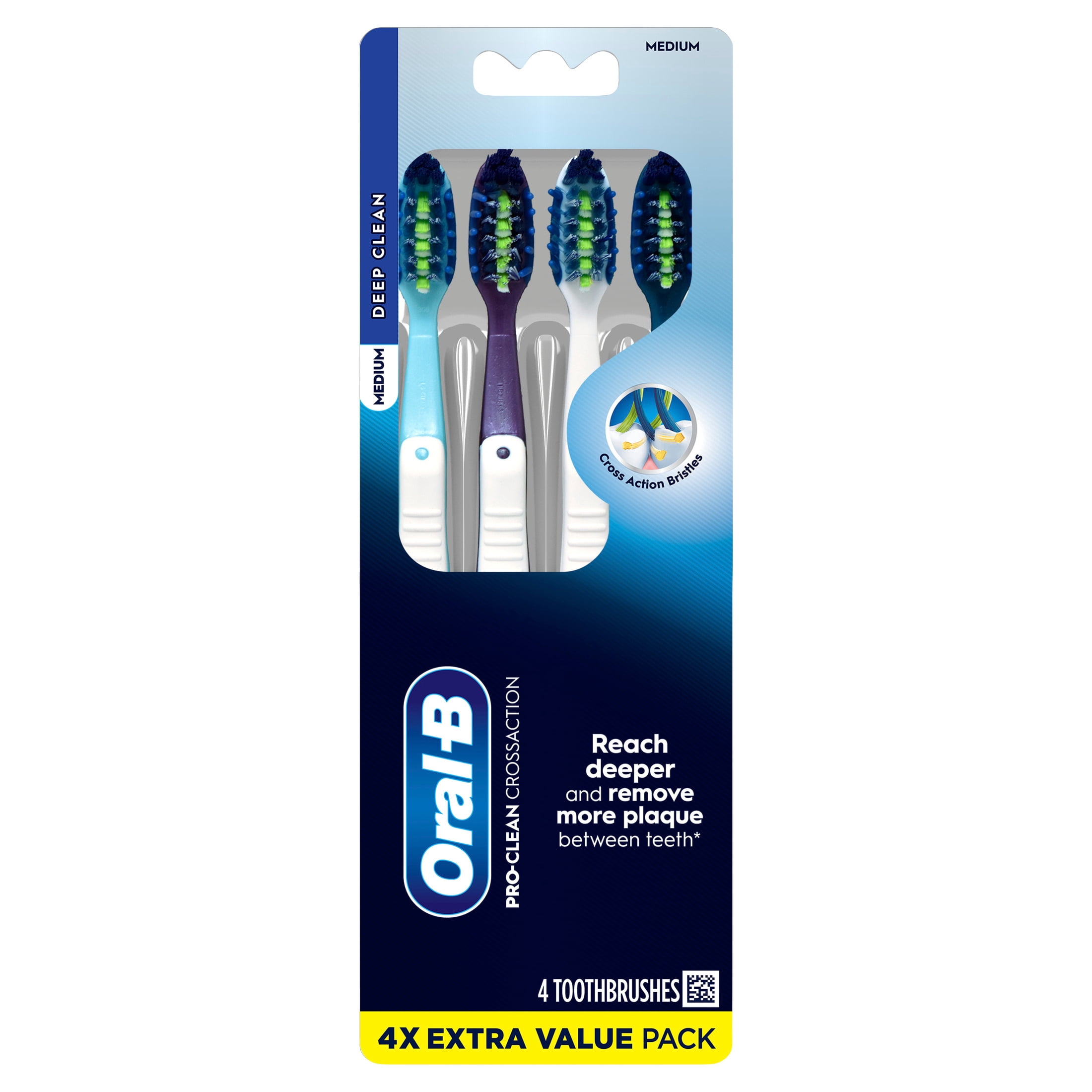 Oral-B Toothbrush, Pro Clean Cross Action, Deep Plaque Removal, Medium, 4 Count