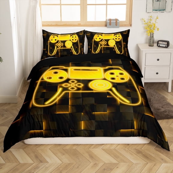 Erosebridal Video Game Comforter Cover Twin,Black Golden Bedding Twin Size,Futuristic Cubes Duvet Cover Twin,Microfiber Gamepads Room Decorative(No Comforter),Reversible,3pcs