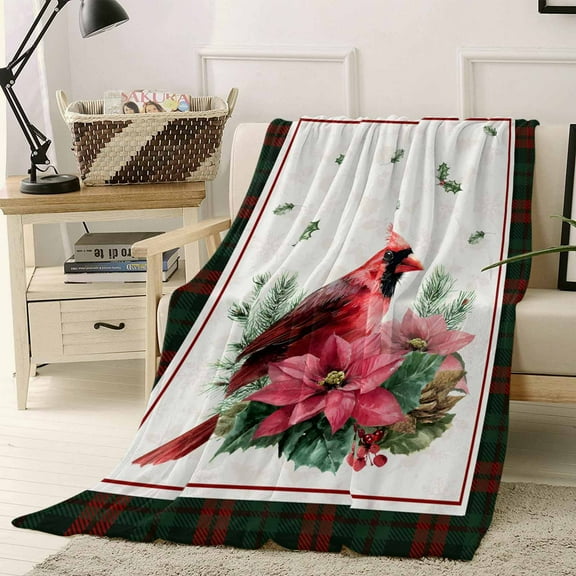 Christmas Cardinal Throw Flannel Blanket 40x50In Red Bird Poinsettia Leaf Winter Plaid Super Soft Cozy Bed Blanket, Lightweight Plush Fuzzy Bed Throw for Bedroom Sofa Couch Living Room