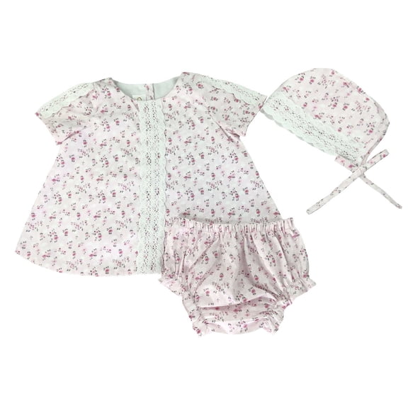 Pink Floral Spanish Cotton Puffed Sleeves Dress and Bloomers Set