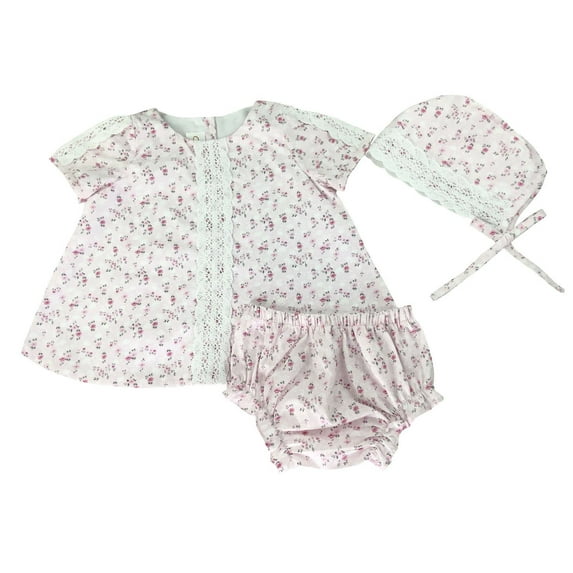 Pink Floral Spanish Cotton Puffed Sleeves Dress and Bloomers Set