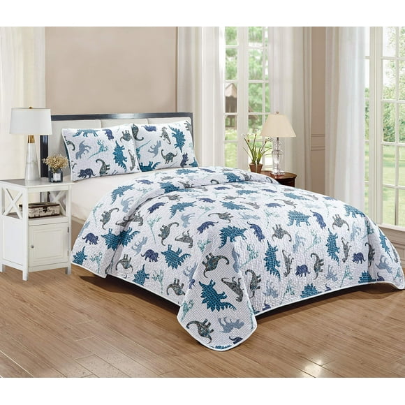 Kids Zone Ensemble de Couvre-Lit Matelassé Dinosaures pour Garçons/ados Bleu Marine Bleu Noir Blanc Royaume des Dinos Nouveau (Double/Grand)