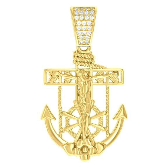925 Sterling Silver Yellow-tone Mens Round Cubic-Zirconia Anchor Crucifix Religious Charm Pendant