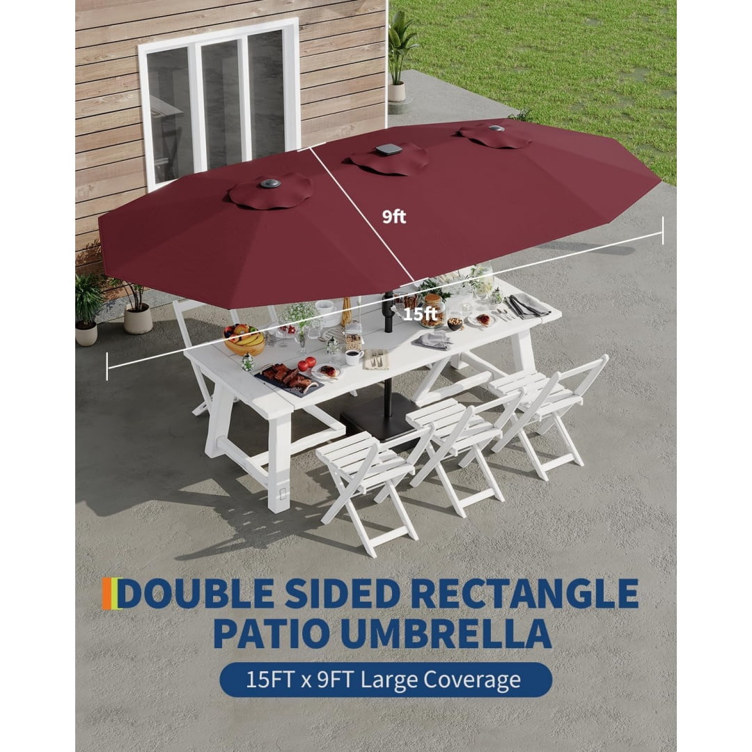 Heavy Duty 15FT Patio Umbrella with Weighted Base - Double-Sided Sun Shade for Outdoor Dining, Poolside, Backyard (Crank Handle, UV Blocking Fits 2-8 People)