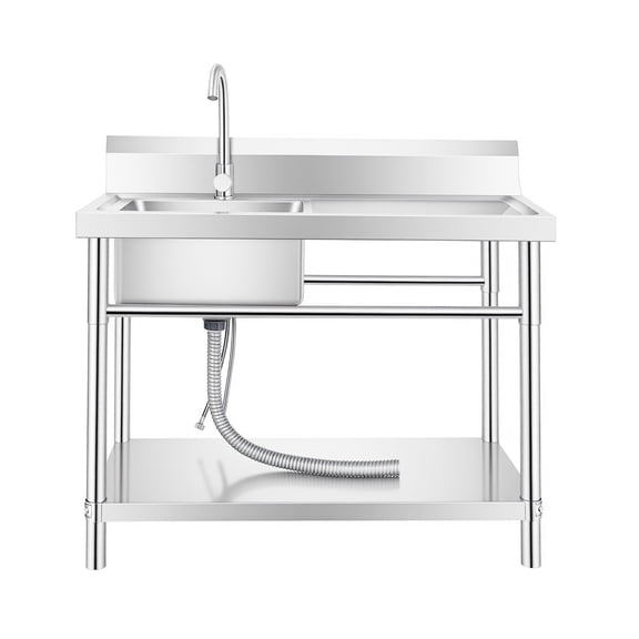 Muweixin 304 Stainless Steel Workstation Sink, 31.5in Commercial Utility Sink with Storage Shelf, Single Bowl Sink with Hot & Cold Faucet, Drainage Kit for Kitchen, Restaurant, Outdoor