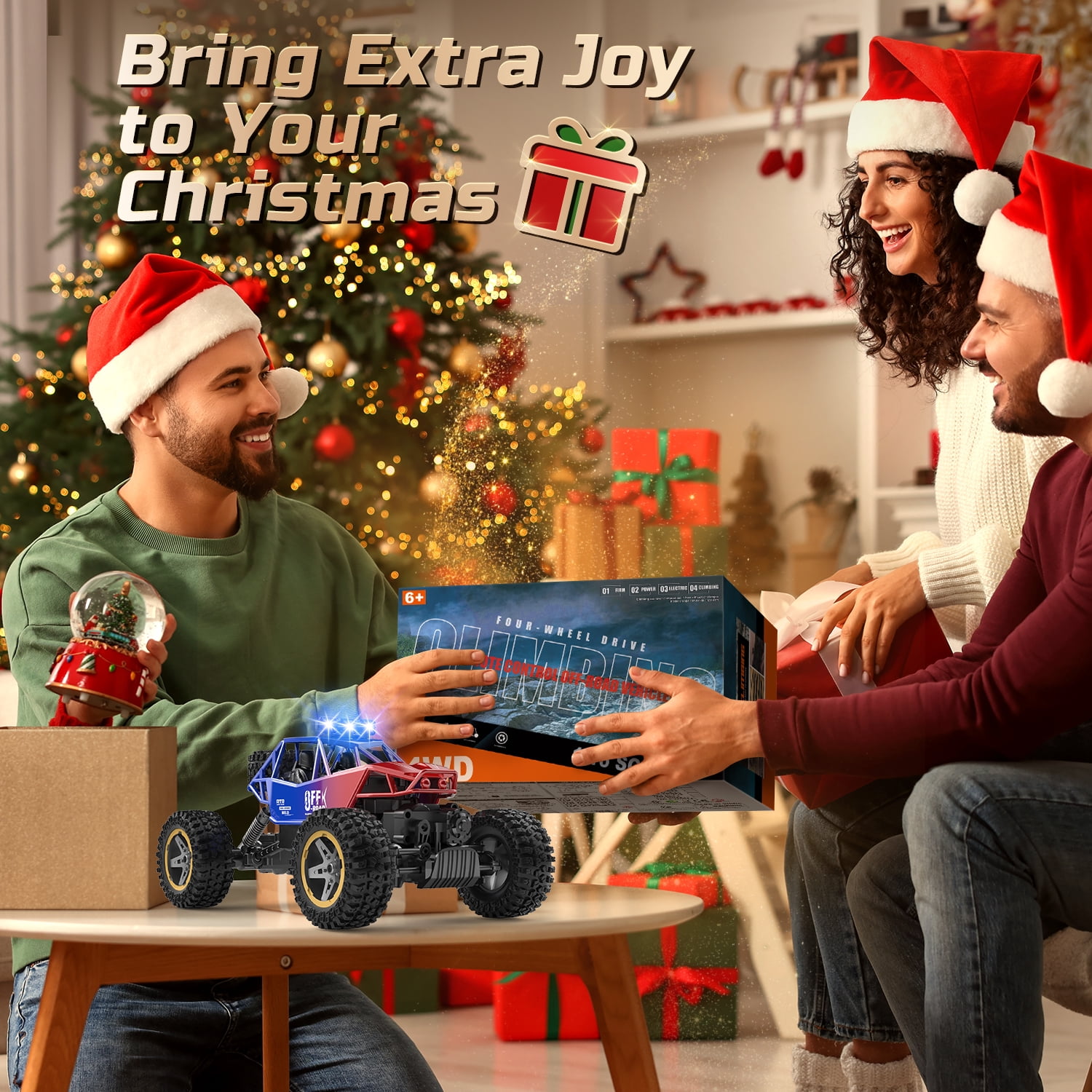 JoyStone 4WD RC Cars, 1:16 Off Road Monster Truck with LED Headlight Rock Crawler, 2 Batteries for 70+ Min Play, Gift Toys for Girls Kids Boys (Red & Blue)