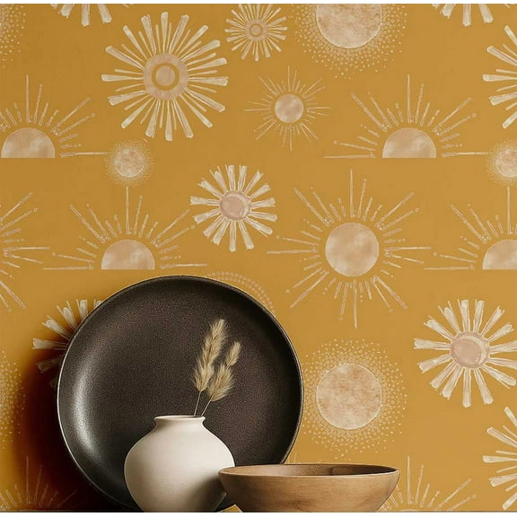 S4Sassy Modern Sunburst Wallpaper- Yellow Bohemian Wall Covering, 25" x 120" Self-Adhesive Textured Vinyl Walls Paper, Decorative Wall Wrap, Easy DIY Walls Covering For Bedroom, Living Spaces