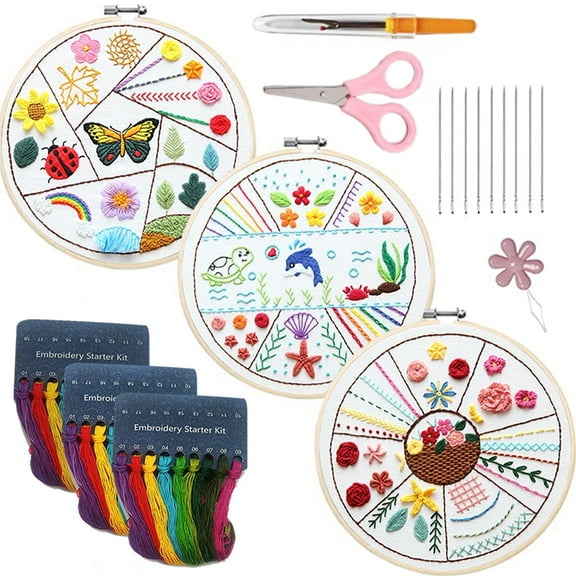 Qenwkxz 18PCS 3 Sets Embroidery Kit Beginners Embroidery Stitch Practice Kit Animal for Beginners Include Embroidery Cloth Hoops Threads for Craft Lover Hand Stitch Diameter 7.87in 19PCS