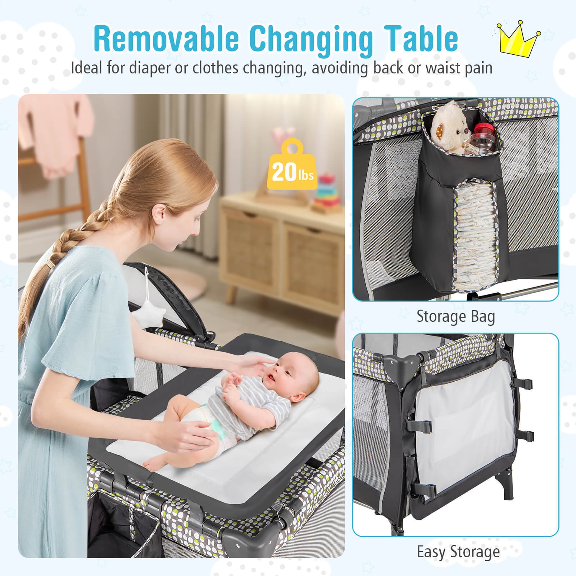 Gymax 4-in-1 Portable Baby Playard Nursery Center Bassinet w/ Music Box Canopy & Net