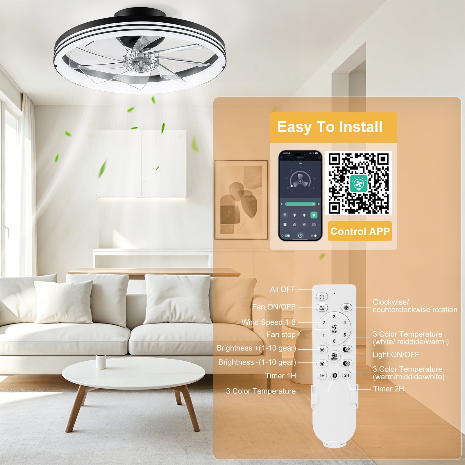 Ceiling Fan with Light, 20" Modern Low Profile Foldable Ceiling Fans with 6 Wind Speeds, Dimmable Smart Ceiling Fan Light with Remote