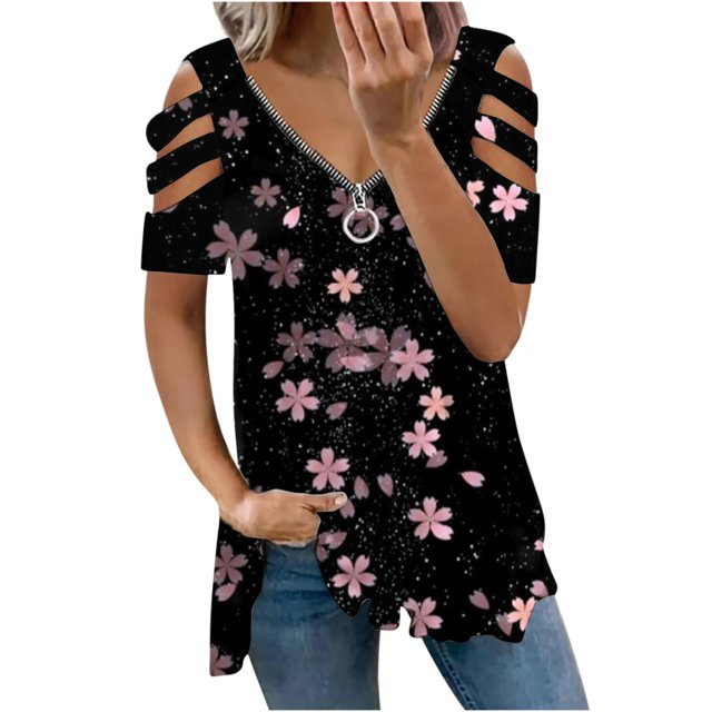 Elegante blusa estampada con cuello en V para mujer, camiseta suelta de manga corta con cremallera OAVQHLG3B Store lin121212