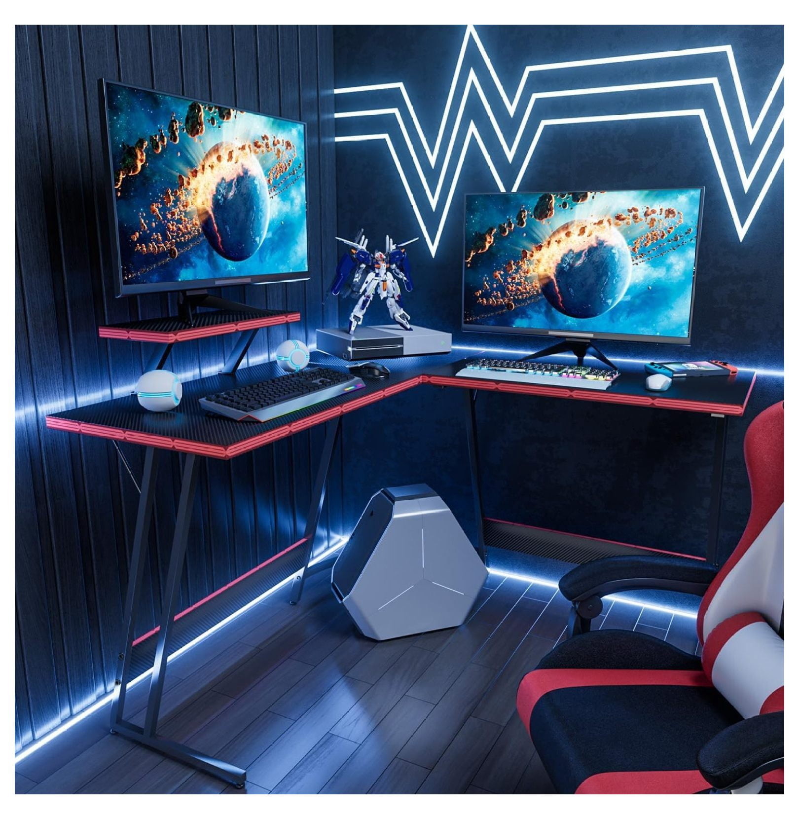SONGMY L Shaped Gaming Desk Computer Corner PC Desk Table with Large Monitor Riser Stand for Home Office Sturdy Writing Workstation (Black, 47 Inch)