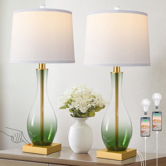Lámparas de Mesa de Vidrio Verde de 27" WIHTU Set de 2 con Control Táctil y Puerto USB