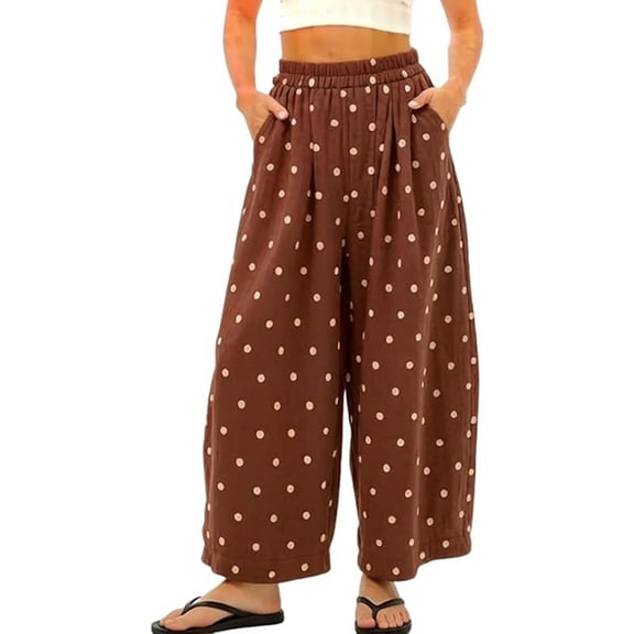 Lumtrix Polka Dot Pants For Women 2026 Summer Boho Beach Elastic Waist Wide Leg Palazzo Cotton Linen Barrel Pant With Pockets Light Brown 2XL