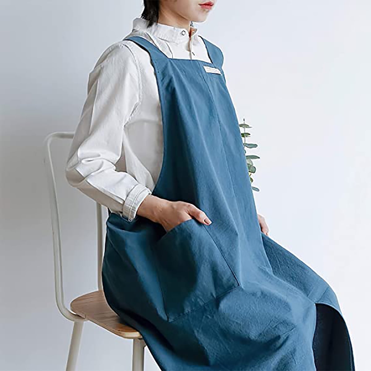 Kepooman 100% Cotton Cross-Back Aprons with Pockets for Women Men, 51" x 33.5", Blue